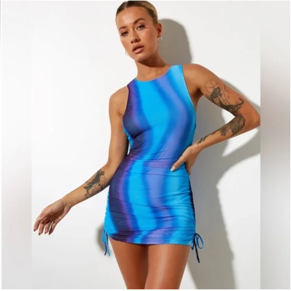 Motel rocks blue and purple sleeveless bodycon cinched mini dress